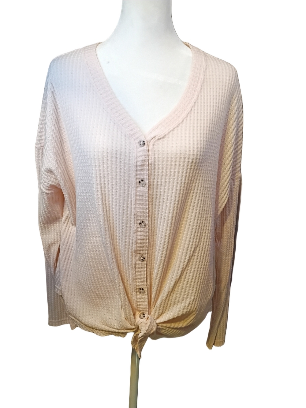 Time and Tru Light Pink Waffle Knit Button-Front Tie Up Top Size Medium (8-10)